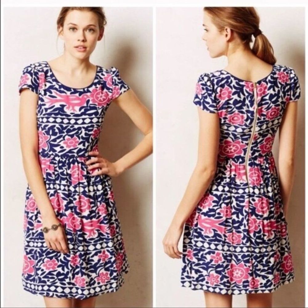 Anthro maeve 4 peralta bird floral fit flare dress